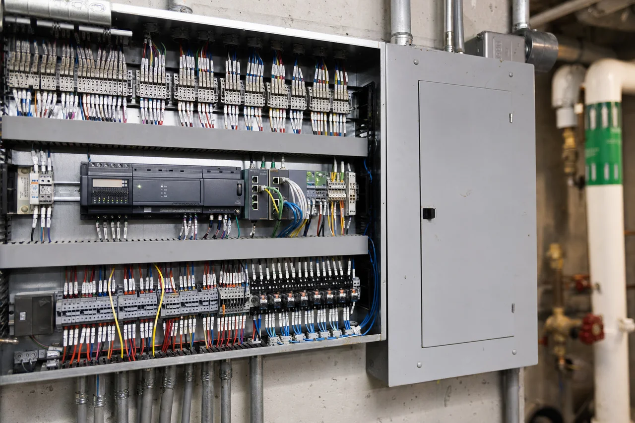 Open building-automation control panel with controllers, relays and organized low-voltage wiring.