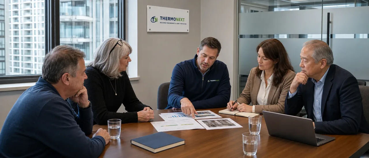 Building-performance findings presented to a condominium board in a meeting room.