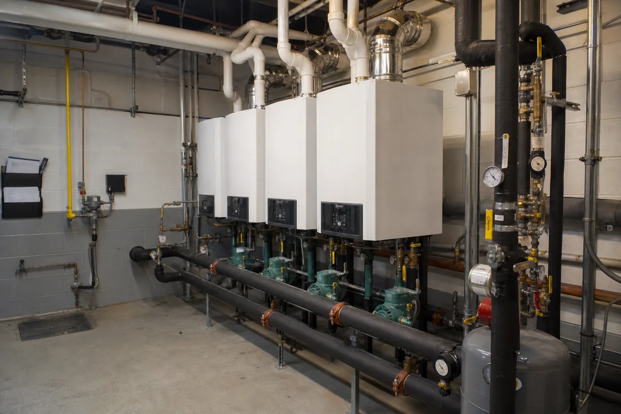 Bank of commercial condensing boilers connected to a hydronic heating system.