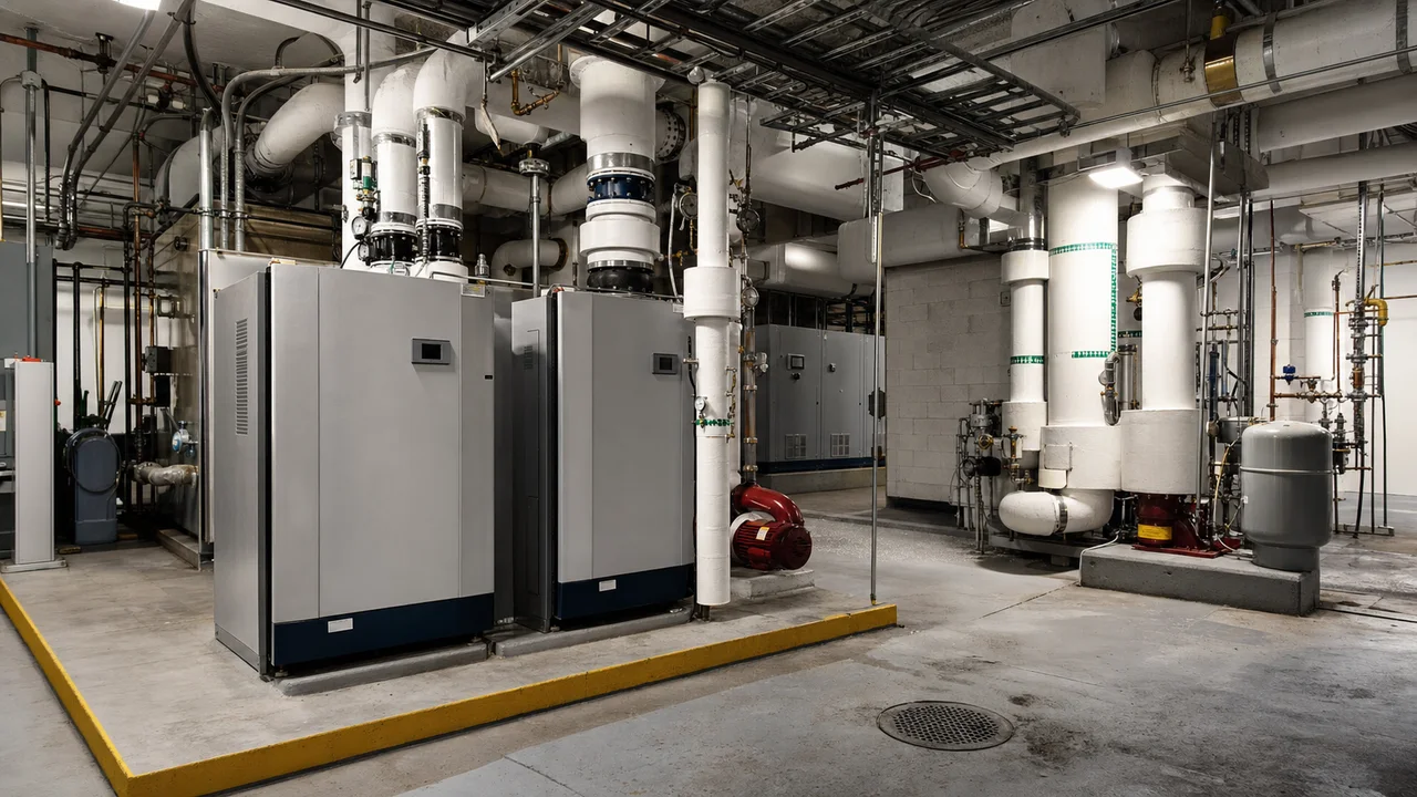 Condominium central mechanical plant with boilers, pumps, insulated piping and controls.