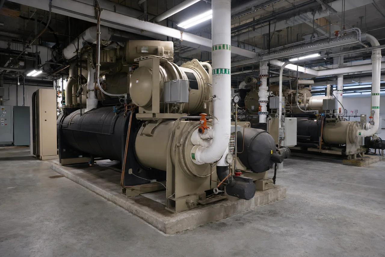 Two commercial water-cooled chillers in a high-rise mechanical plant.
