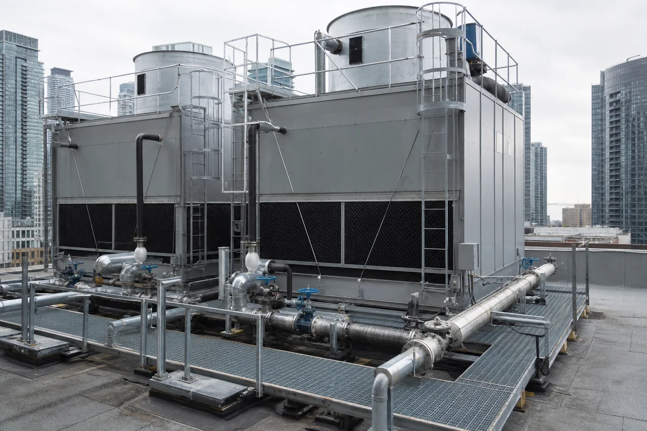 Two rooftop cooling-tower cells with condenser-water piping and access platforms.