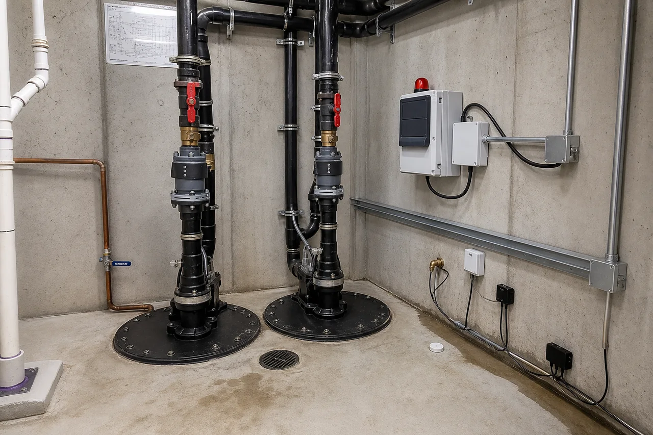 Duplex sump-pump system with discharge piping, controls and leak-monitoring devices.