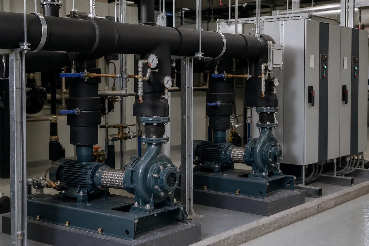Hydronic pumps, gauges, insulated headers and variable-frequency-drive cabinets.