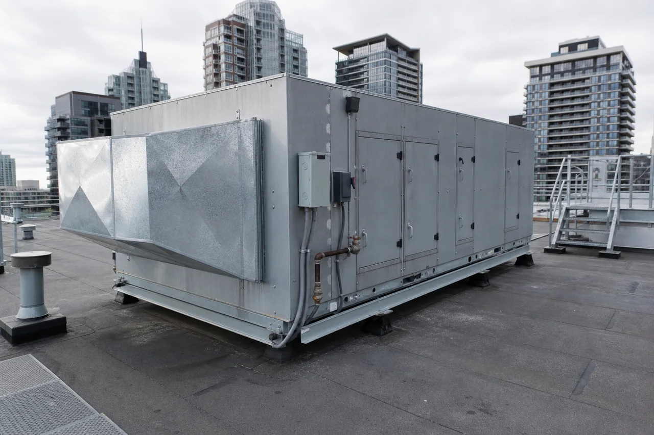 Large rooftop makeup-air unit on a Toronto condominium building.