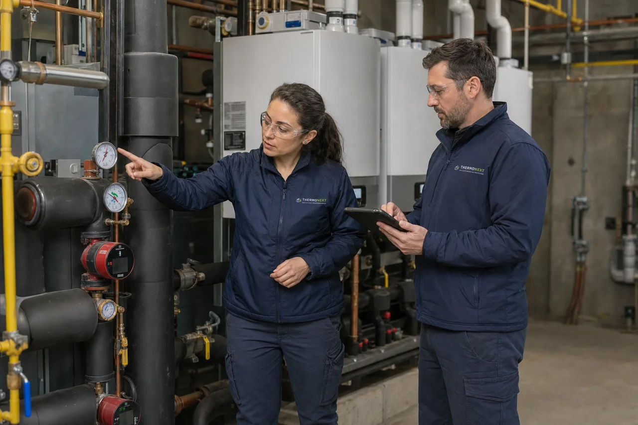 Two ThermoNext technicians reviewing boiler-plant gauges and recording observations.