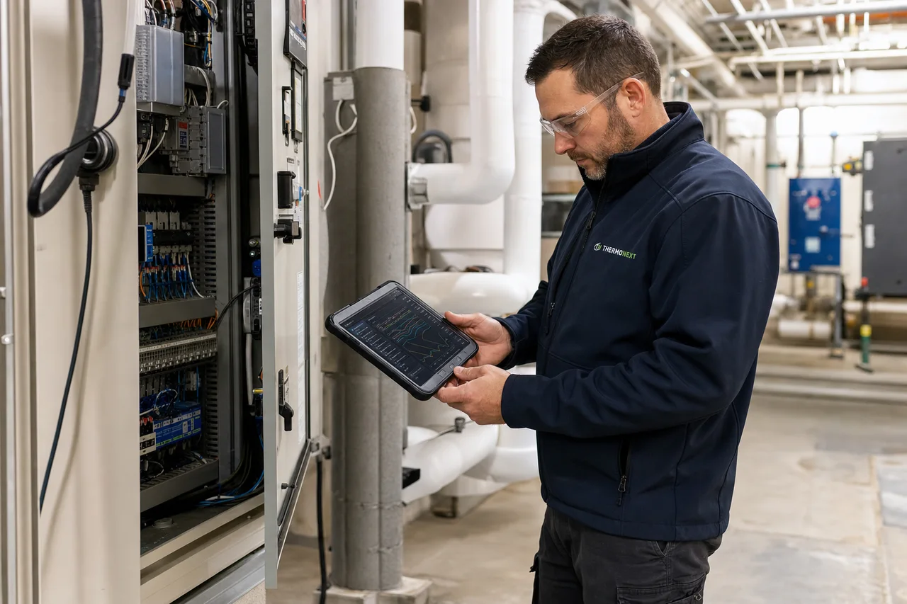 ThermoNext technician reviewing BAS trend data on a tablet beside a control panel.