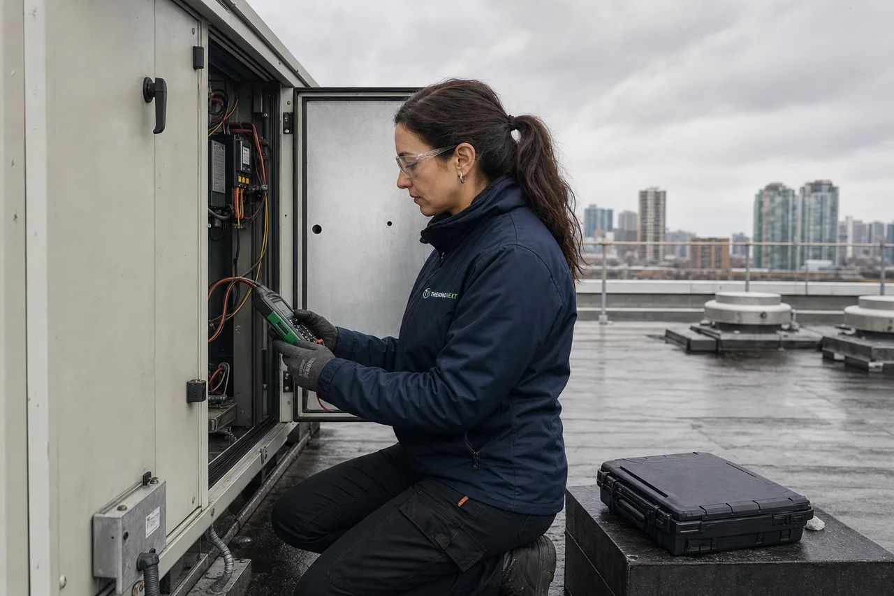 ThermoNext technician using a meter while inspecting a rooftop makeup-air unit.